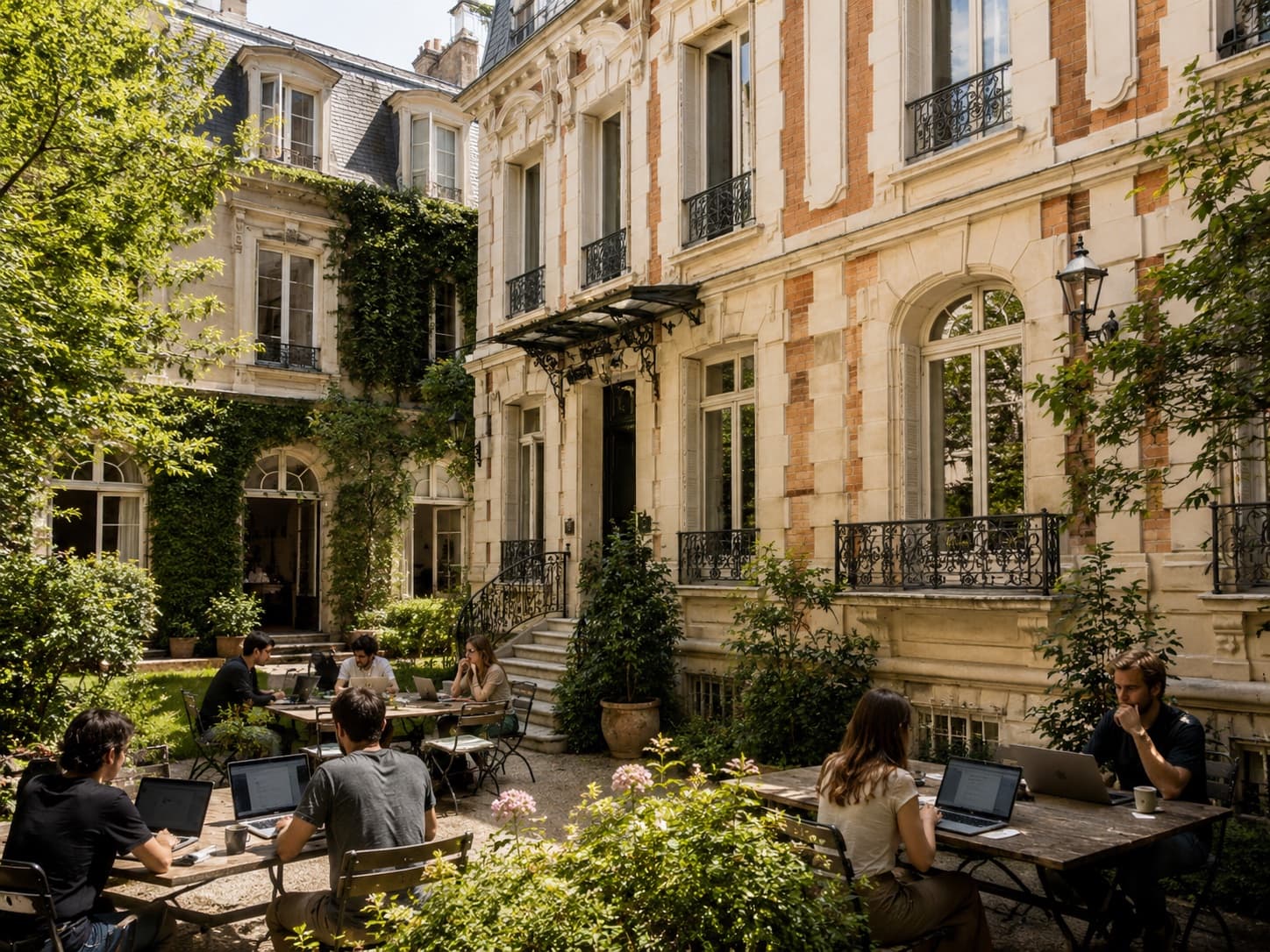 Builders working together around café tables in Paris