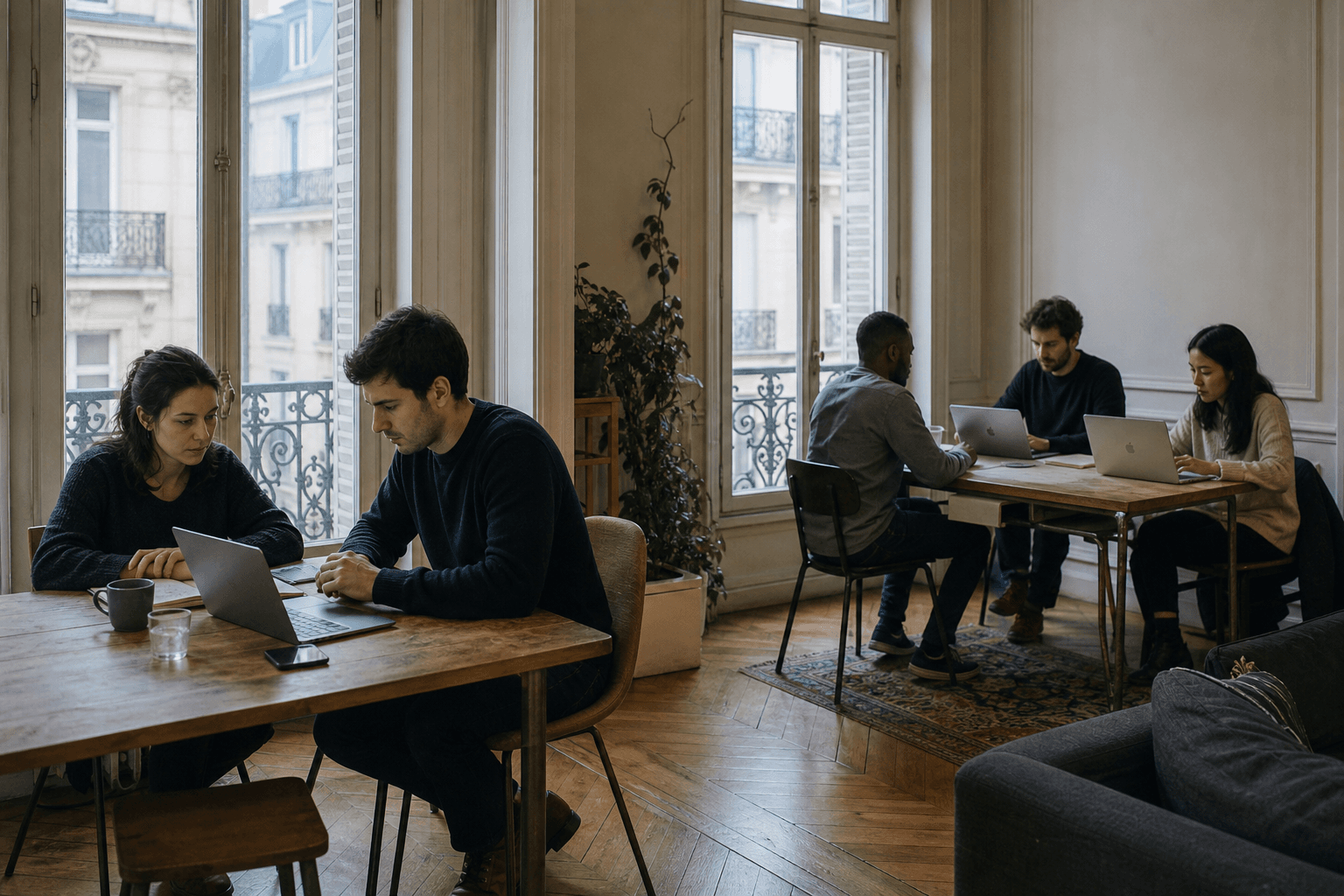 Builders working together inside Humiris Builder House in Paris